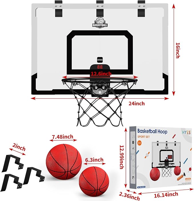 24" x 16" Large Basketball Hoop Indoor for Adults, Over The Door Basketball Hoop with Sturdy Backboard/Electronic Scoreboard, Basketball Toys Gifts Ideas for Man Kids Teens Boys Girls, Black
