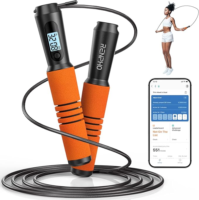 RENPHO Smart Jump Rope - APP Data Storage & Tracking & Analysis, Tangle-Free Jumping Rope for Men, Women, Skipping Rope with Counter, Adjustable workout Jump Ropes for Crossfit, Gym, MMA