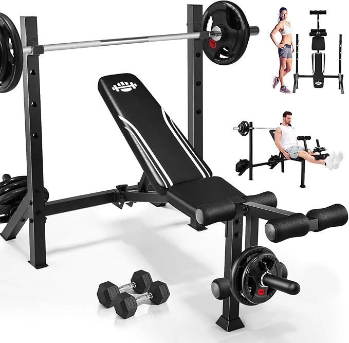 ANCHEER Weight Bench Set with Squat Rack - 900LBS Adjustable Bench Press with Leg Extension and Leg Curl, Incline Decline Flat Workout Bench for Home Gym Strength Training