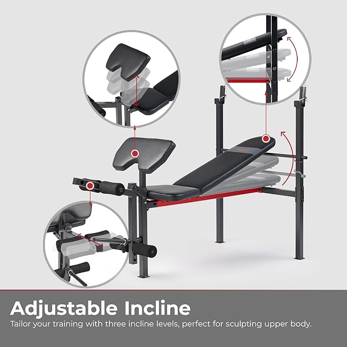 Sunny Health & Fitness Compact Premium Incline Bench Press Bar Rack Set & Optional Leg Extension Developer, Preacher Curl for Solid Strength Training Home Gym
