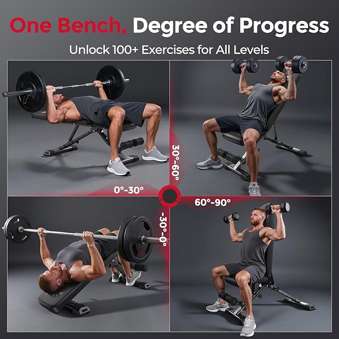 FLYBIRD Adjustable Weight Bench, ASTM-Certified 800LBS Workout Bench Foldable for Home Gym, 90° to -30° FID and 30in Extended Backrest for Bench Press Strength Training Exercise