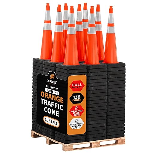 Xpose Safety 36 Inch Orange Traffic Cones Heavy Duty 15lb 6" & 4" Collar - Bulk Full Pallet 138 Pack - Multipurpose PVC Plastic Safety Cone Parking, Soccer, Caution & Construction - DOT Approved