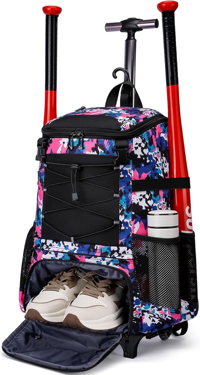 Softball Bag, Baseball Rolling Bat Bag - Wheeled for Youth Girls Adult, Lightweight Equipment Backpack With Shoe Compartment, Fence Hook for TBall, Helmet