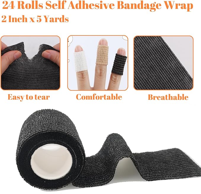 24 Rolls Self Adhesive Bandage Wrap, Vet Wrap 2 Inch, Dogs Bandages for Wounds Care Dressings, Elastic Self Stick Cohesive Bandage Wrap, Leg Wraps, Wrist Tape, Ankle, Sports, Tatto Grip Tape (Black)