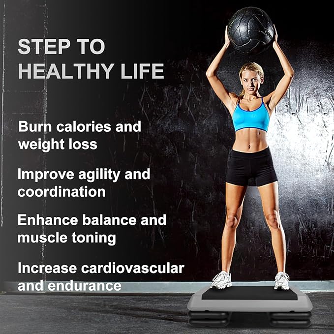 Adjustable Aerobic Stepper Workout Step with 4 Risers Fitness & Exercise Platform Trainer