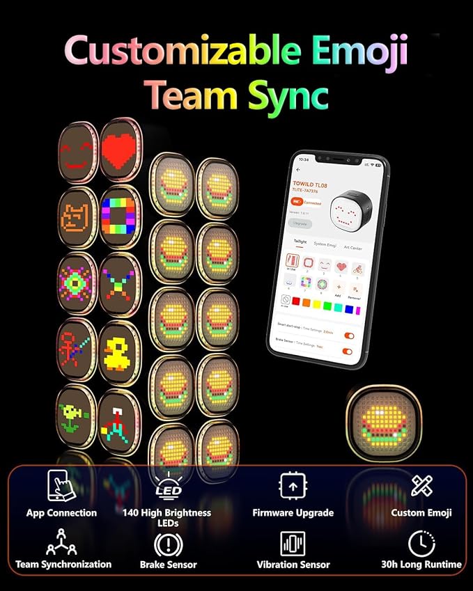 TOWILD TL08 Bike Tail Light, Customized Patterns Full-Color Bike Rear Light, Brake Sensing, USB-C Rechargeable, IPX6 Waterproof