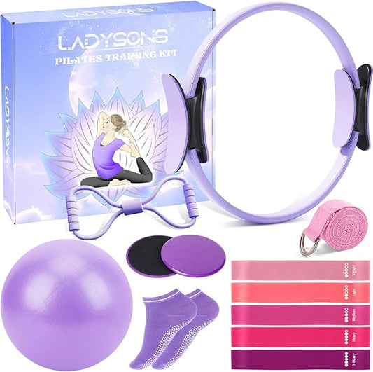 Pilates Ring Set - Home Workout Equipment Set with 12.6'' Magic Circle, 9.8'' Ball, Sliding Disks, Resistance Bands & Training Poster etc, Pilates Kit for Beginners, Fitness Gift Idea