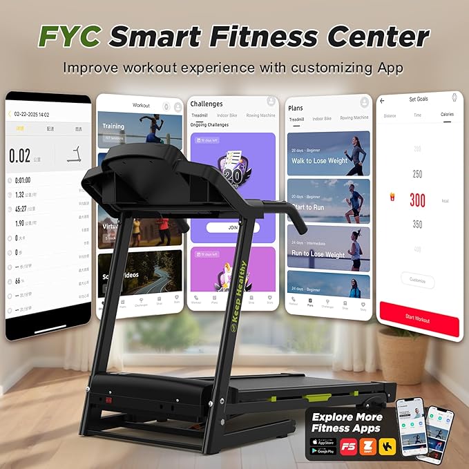 FYC Folding Treadmill for Home - Portable Walking Treadmill with Incline, Handles & App, Dual Shock Absorption, Bluetooth Speakers, 330lbs Capacity, Easy Fold Design