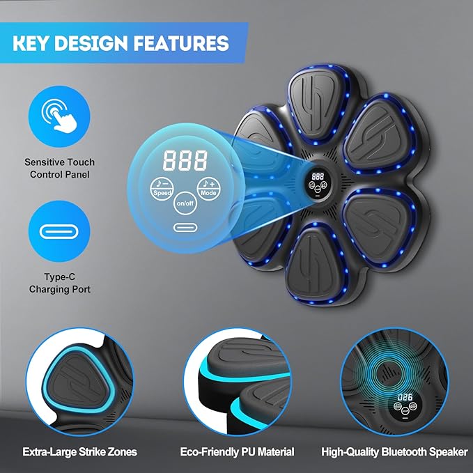 Music Boxing Machine, Bluetooth Punching Machine with Music, Wall-Mounted Punching Pad, LED Boxing Trainer with Gloves