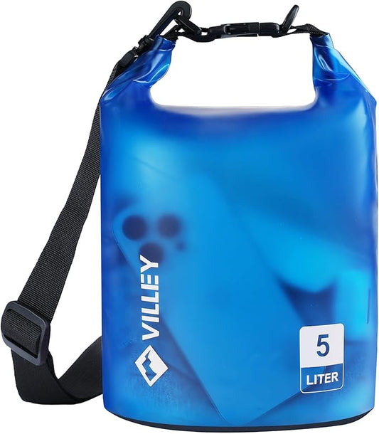 VILLEY Dry Bag Waterproof 5L Roll Top Sack Keeps Gear Dry Lightweight Sack for Kayaking Boating Camping Swimming and Beach Adventures Blue Transparent