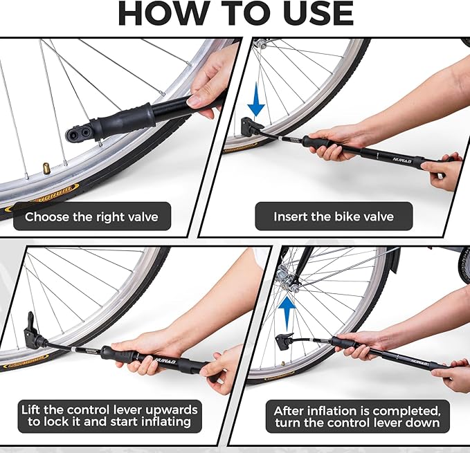 NUWAB Mini Bike Pump, 10 Inch Portable Hand Bicycle Pump, 100PSI, Support Shrader and Presta, Fast Air Out Ball Pump, Work with All Bikes and Balls, Swimming Ring, Come with Ball Needles, Nozzles
