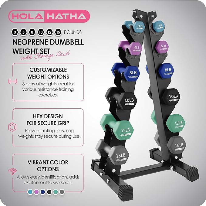 HolaHatha 2, 3, 5, 8, and 10 Pound Neoprene Dumbbell Free Hand Weight Set with Rack, Ideal for Home Exercises to Gain Tone and Definition, Pastel