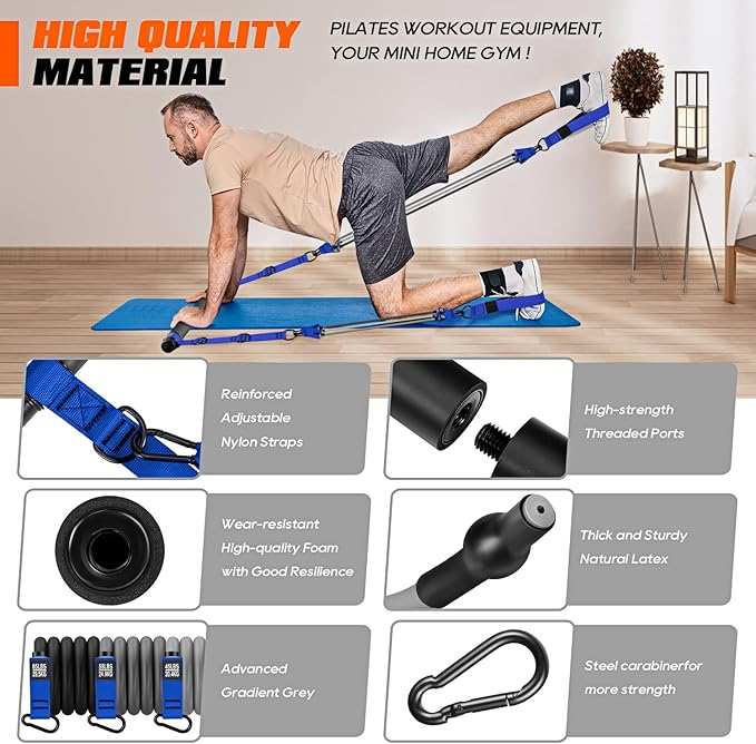 Pilates Bar Kit with Resistance Bands, Heavy Duty Pilates Equipment for Men, Strength Training Bar for Legs, Hip, Back, Arm, Abs, Chest, Shoulders, Portable Home Gym Full Body Workout Equipment