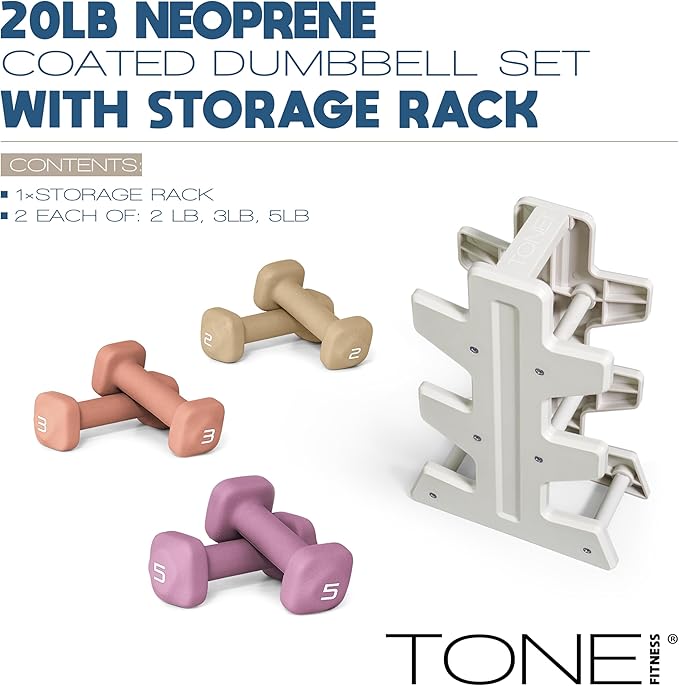 Tone Fitness Neoprene Dumbbell Set with Storage Rack – Non-Slip, Anti-Roll Hand Weights for Home Gym Workouts | 20 lb, 32 lb, & 50 lb Options