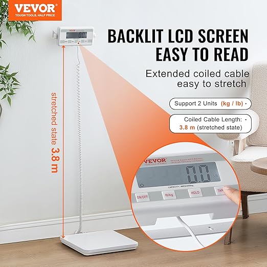 VEVOR Portable Medical Scale, Professional Physician Scale for Weighing - with Anti-Slip Platform, 2 Units, Hold & Tare Function, Digital Physician Weight Scale for Gym Home Hospital, 440LBS Capacity