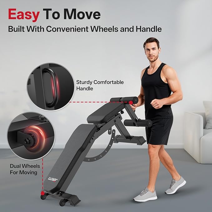 JOROTO MD65 Adjustable Weight Bench, 1700LB Heavy Duty Workout Bench for Home Gym, Flat Incline Decline Sit Up Utility Bench Press with 9 Backrest and 3 Seat Positions, Removable Leg Support and Wheels