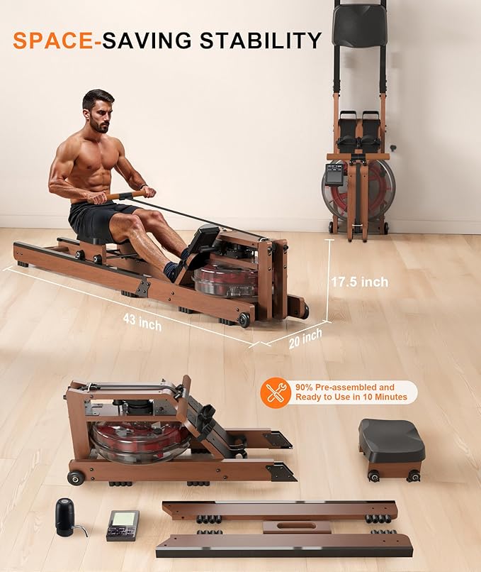 Rowing Machines for Home,Water Rowing Machine with Foldable Design,400LBS Capacity,LCD Monitor,Smooth Glide Rails,Comfortable Seat,Free App(Bluetooth) Supported for Immersive Water Rower&Home Gym