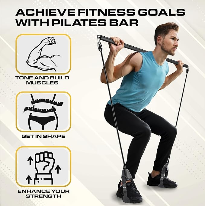 Pilates Bar Kit with Resistance Bands for Women & Men(30,40,50 Lbs), Pilate Bar with Non-Slip Foot Belts, 3-Section Pilates Bar Workout Equipment for Legs, Hip, Waist and Arm