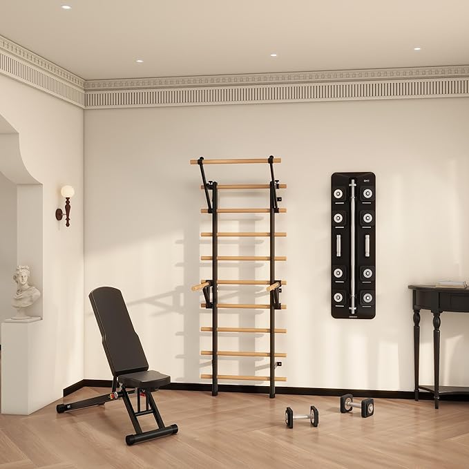 DHT Wood Stall Bar, Swedish Ladder Suspension Trainer with 9 Strategic Rods, for Home, Gym, School and Clinics, Black
