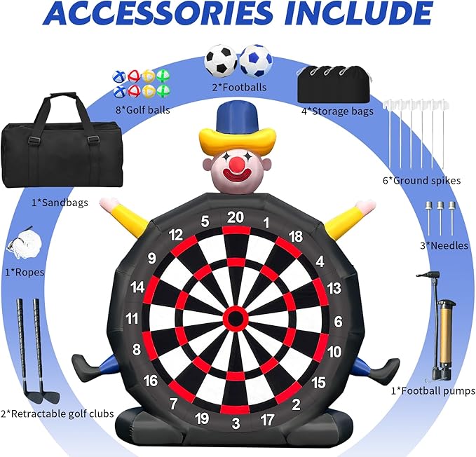 13FT Giant Inflatable Soccer Dart Board with Built-in Blower - Clown Themed Sport Kick Dartboard Perfect for Adults Family Parties,Carnival, Includes 8 Golf Balls, 2 Telescoping Club, 2 Soccer Balls