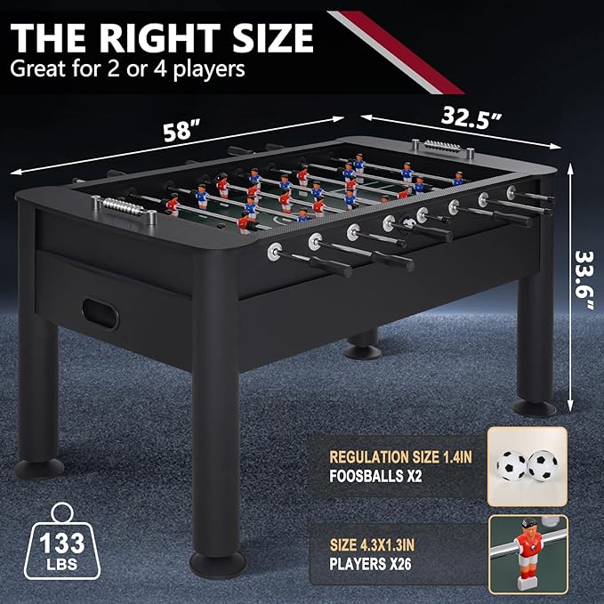 58 Inch Foosball Table, Full Size Competition Soccer Game Table for Adults & Kids, Heavy-Duty Indoor Arcade Table for Game Rooms & Parties