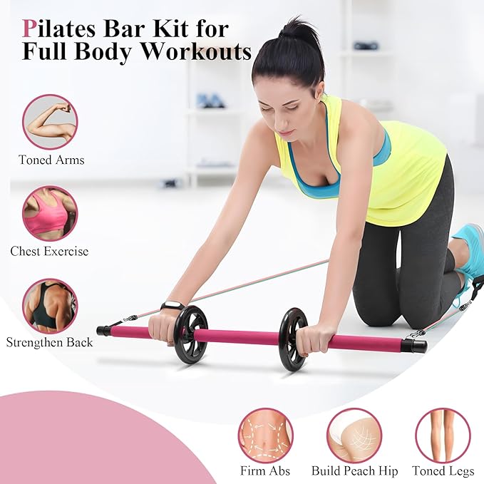 Pilates Bar Kit with Resistance Bands,Pilates Kit with Ab Roller Multifunctional Pilates Bar Pilates Stretch Fusion Bar Pilates Equipment for Home Workouts Women and Men