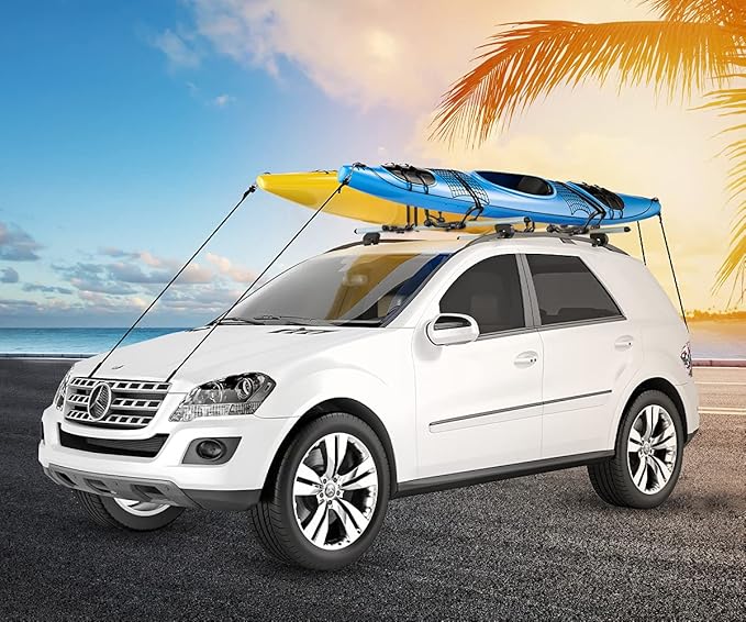 DRSPORTS Double Folding J-Bar Rack for Kayak Carrier Canoe Boat Paddle Board Surfboard Roof Top Mount on Car SUV Truck Crossbar (1Pair)