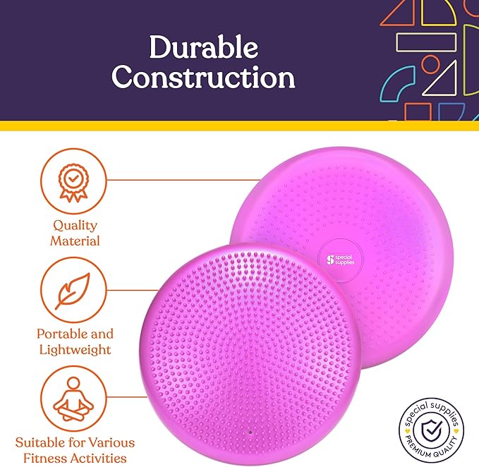 Special Supplies Stability Cushion Balance Pad for Core Strength Trainer and Flexibility, Tactile Sensory Disc for Standing or Sitting, Soft Molded Spike Surface, Includes Air Pump (Purple)