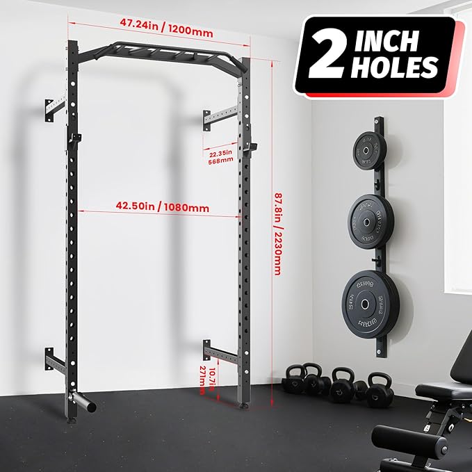 1600LB Wall Mounted Power Rack, Commercial Squat Rack for Home Gym with Multi-Grip Pull Up Bar, j-Cups & Landmine Attachment for Home and Garage Gym