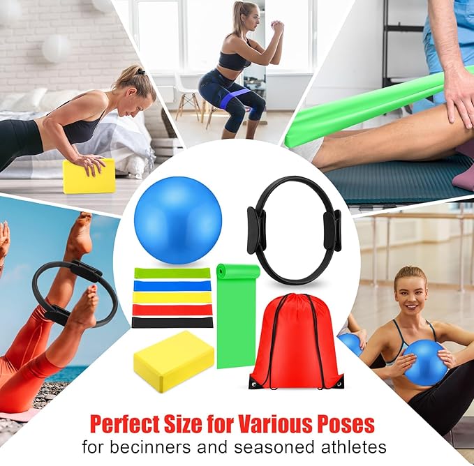 10 Pcs Pilates Ring Set for Women Home Yoga Equipment Accessories Pilates Ring Circle and Ball Workouts Gift Include Ball Yoga Circle Resistance Bands Block Straps Gym Bag