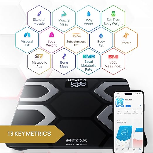 INEVIFIT EROS Bluetooth Body Fat Scale Smart BMI Highly Accurate Digital Bathroom Body Composition Analyzer with Wireless Smartphone APP 400 lbs 11.8 x 11.8 inch (Black)