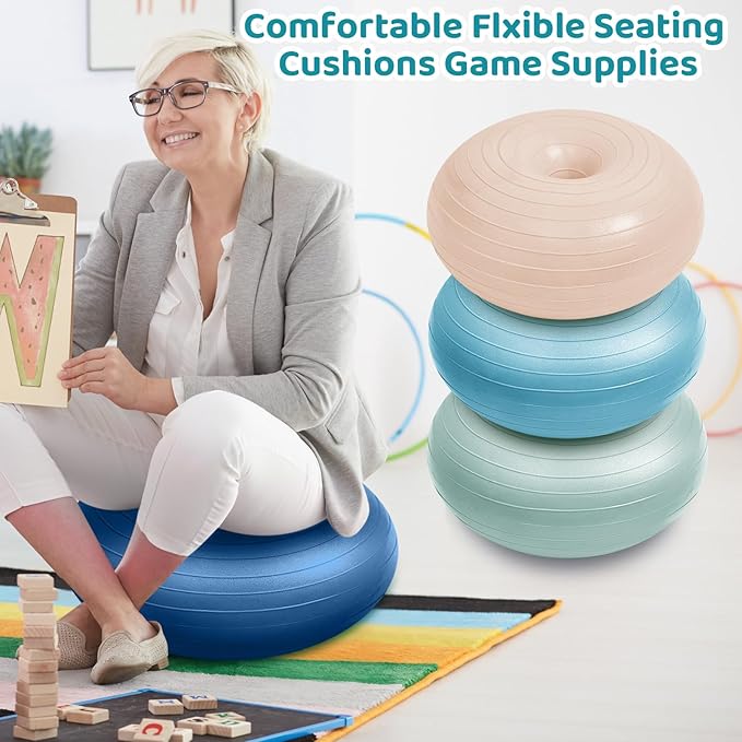 Lewtemi 8 Pcs Flexible Seating for Classroom Elementary 20'' Yoga Ball Chair Large Inflatable Donut Exercise Ball Chair Wobble Seat with Inflator for Kids Student Balance