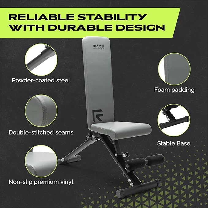 Rage Fitness Weight Bench Press Seat, Folding Bench for Home Gym, Adjustable Bench for Weight Lifting, Strength Training Bench for Full Body Workout, Incline Decline Workout Bench, Stable Gym Bench