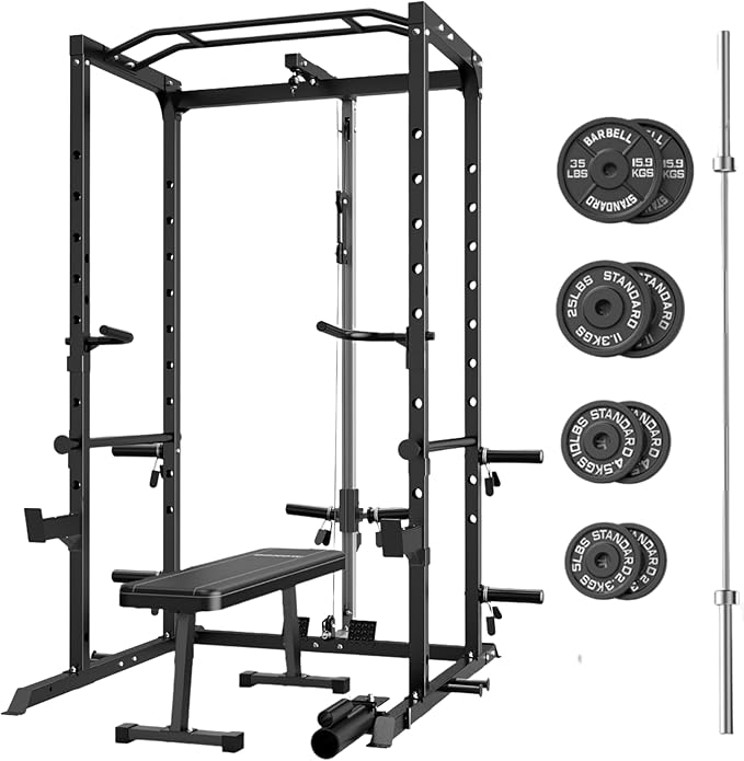 Power Cage, Multi-Functional Power Rack with J-Hooks, Dip Handles, Landmine Attachment and Optional Cable Pulley System for Home Gym