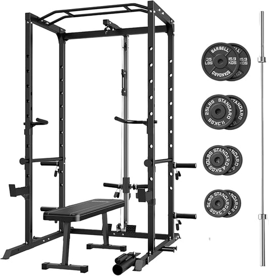 Power Cage, Multi-Functional Power Rack with J-Hooks, Dip Handles, Landmine Attachment and Optional Cable Pulley System for Home Gym