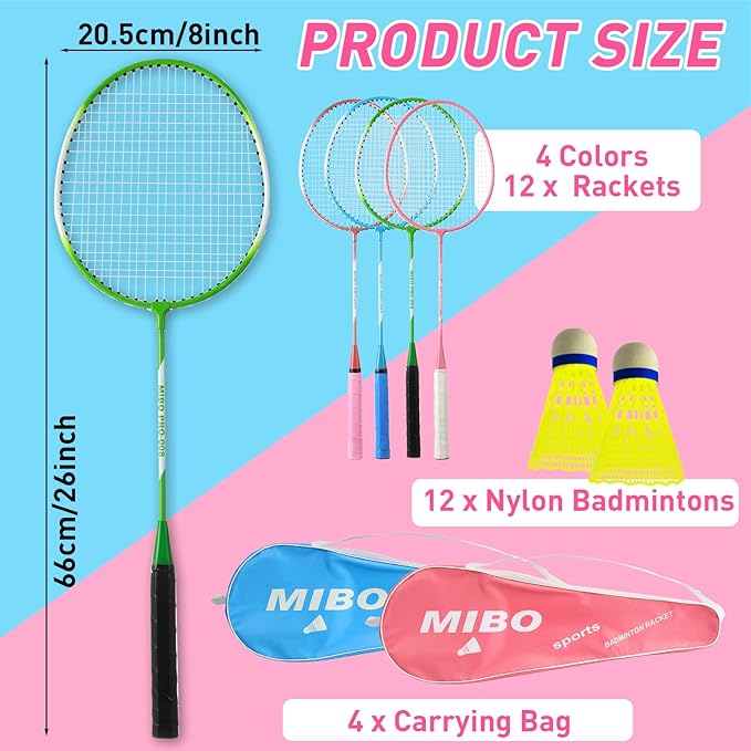 Woanger 8 Pcs Badminton Rackets Set with 12 Shuttlecocks, Lightweight Badminton Set of 4 for Adults Backyard Gym Beach Outdoor Games