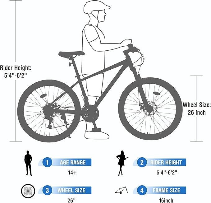 Mountain Bike 26 inch 24 Speed Dual Disc Brake MTB Front Suspension Fork Mountain Bicycle for Adult Men Women Outdoor Cycling