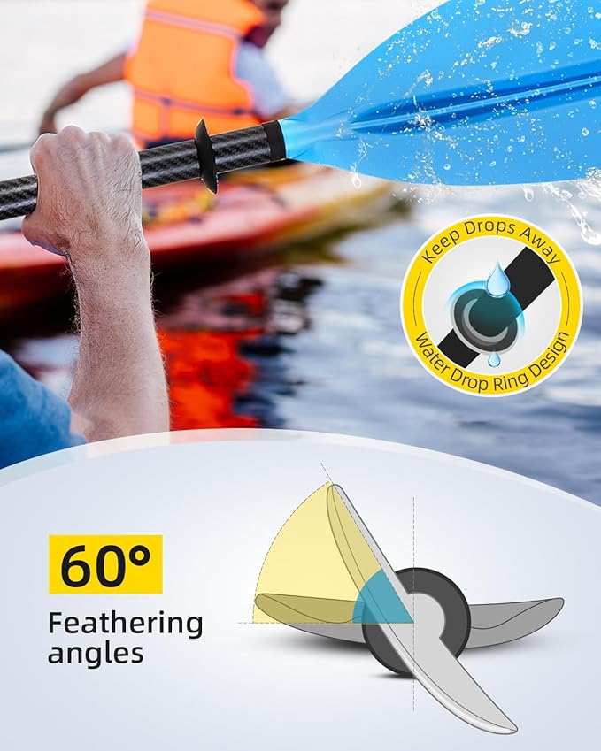 OCEANBROAD Adjustable Carbon Fiber Kayak Paddle 86in/220cm to 94in/240cm Kayaking Oar for Adults with Paddle Leash 1 Paddle
