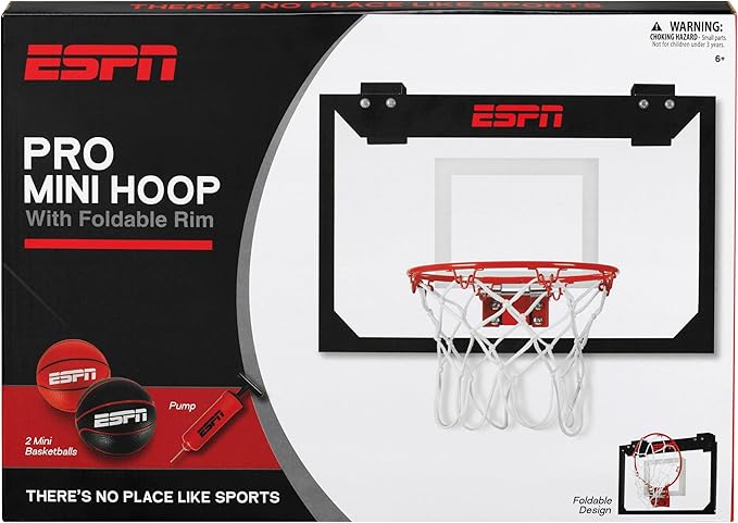 ESPN Mini Basketball Hoop, Over The Door Basketball Hoop with Foldable Breakaway Rim, Includes 2 Mini Basketballs and Pump