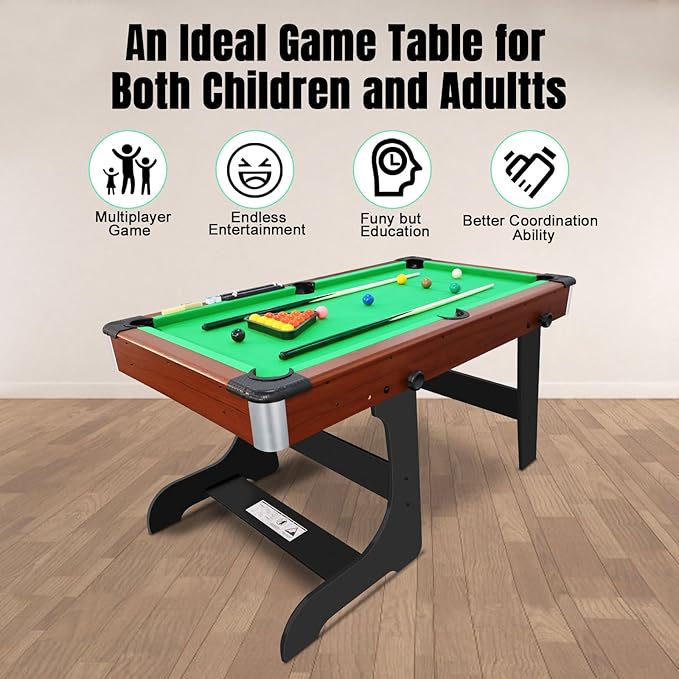 60-Inch Compact Folding Pool Table - No Assembly Required with Full Set of Balls, 2 Cues, Chal k and Brush for Indoor Family Games
