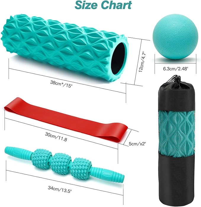5 in 1 Foam Roller Set - Trigger Point Foam Back Roller, Muscle Roller Stick, Massage Ball, Stretching Band for Deep Muscle Massage Pilates Yoga,Fitness Exercise for Whole Body Release