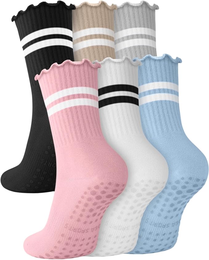6 Pairs Grip Pilates Socks for Women, Non-slip Yoga Athletic Socks for Barre Ballet Barefoot Workout Hospital