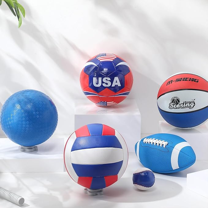 6 Pcs Multi Sport Ball Set Official Size Football, Basketball, Soccer, Volleyball, Playground Ball, Baseball with Equipment Bag Pump for Teen Adult Sport Gift Back to School