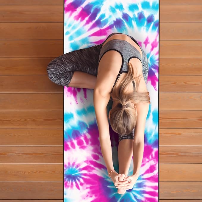 Colorful Star Large Yoga Towel with Corner Pockets, Non Slip Grip Dots Absorbent Hot Yoga Mat Towels, Yoga Blankets with Travel Bag, Mat Cover for Workout, Gym, Fitness - 74"x26", Pink Blue Tie-dye