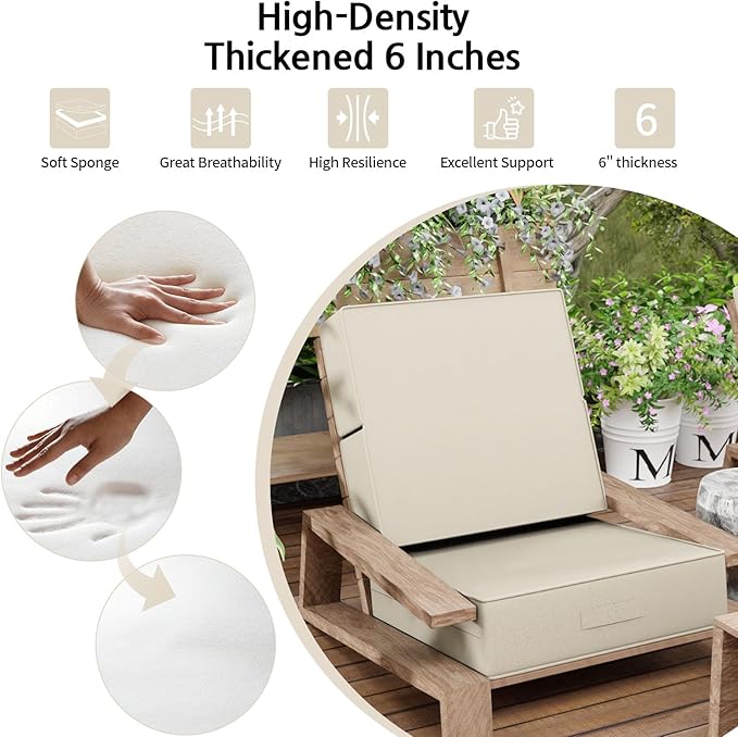 6 Inch Thick Foldable Deep Seat Cushion, 2 PCS 24 x 24 Inch Outdoor Water&Fade Resistant Olefin Patio Furniture Replacement Chair Cushion, with Removable Cover, Handle and Straps, Gray Apricot