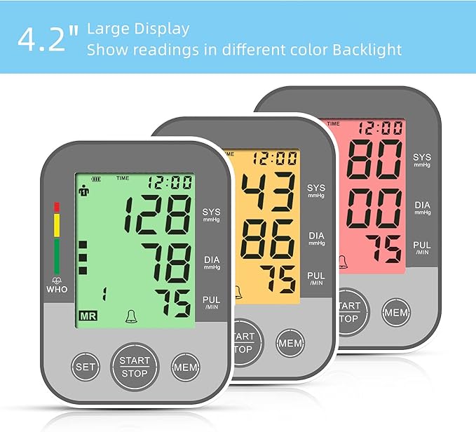 Blood Pressure Monitor Upper Arm Blood Pressure Machine for Home Use BP Cuff Kit, Large 3-Color 3.4'' Display with Backlight,Pulse Rate Detection Meter with Cuff 22-42cm/2×99 Sets Memory (Gray)