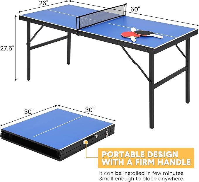 Table Tennis Game Set, Portable Table Tennis Game with Demountable Nylon Net, 2 Paddles and 3 Balls, Ping Pong Table for Indoor Outdoor, Waterproof Tabletop, Blue, 60 x 26 x 27.5inch
