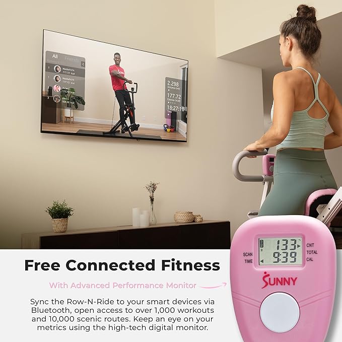 Sunny Health & Fitness Smart Upright Row-N-Ride Trainer w/Adjustable Resistance & 330LB Weight Capacity, Foldable Home Exercise Equipment for Arm, Glute & Leg Training, Free SunnyFit App Connection