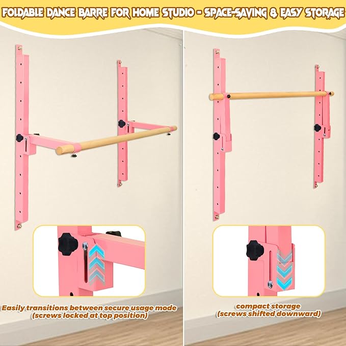 Wall Mounted Ballet Barre Adjustable Ballet Bar Foldable Dance Bar-Fully Adjustable -Solid Beech Wood Bar,Ballet workout Fitness Equipment Pull Up Stretch Never move