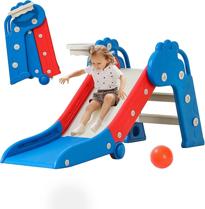 Toddler Slide, Indoor Slide for Toddlers Age 3+, Climber Freestanding Playset with Basketball Hoop, Easy to Store and Set Up, Blue